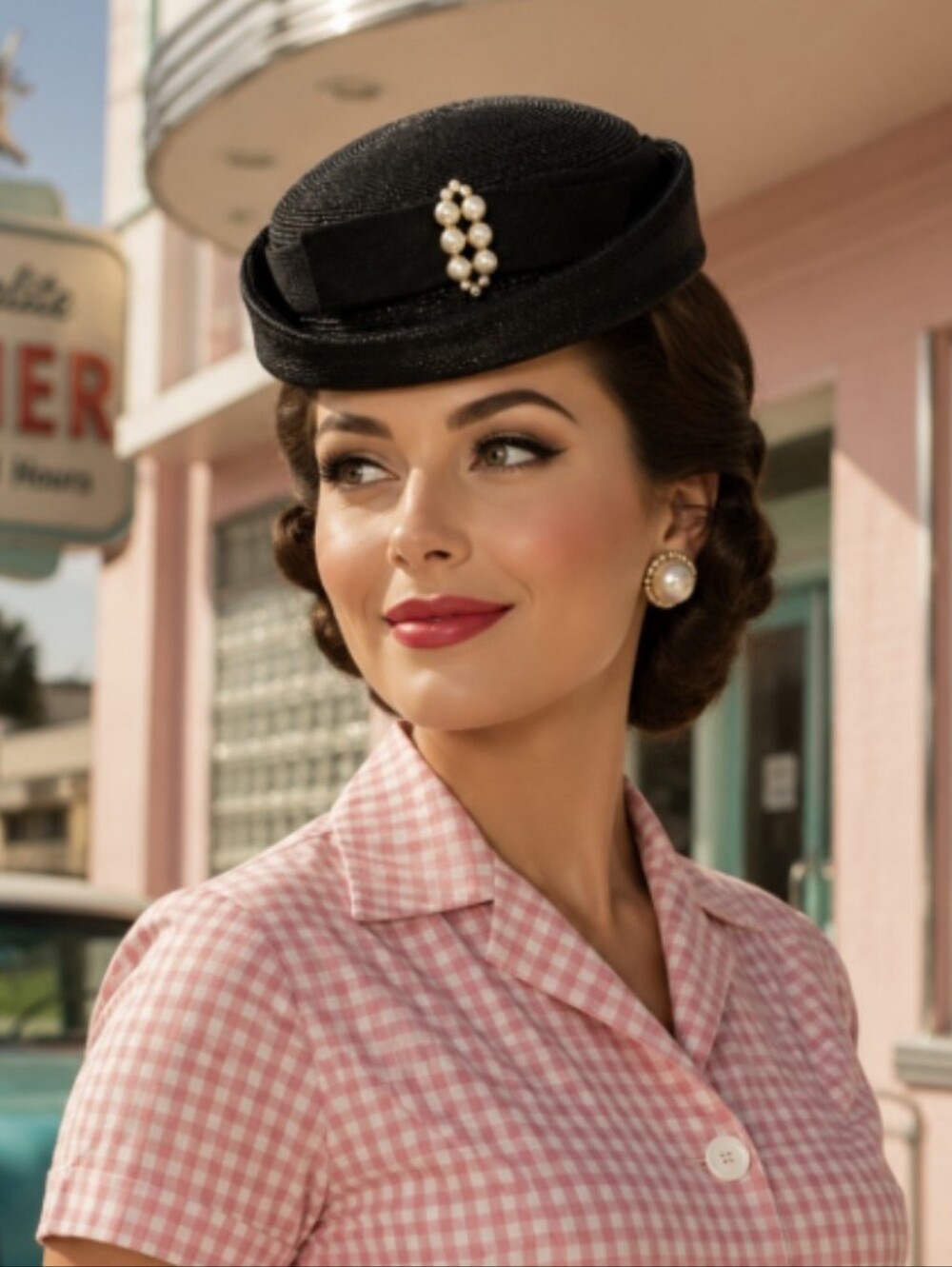 Sakowitz Huston Vintage Black Pillbox Hat with Pearl Accent